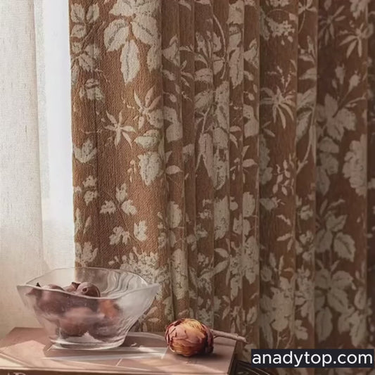 Warm Vintage Earthy Brown Floral Botanical Retro Chenille Curtains