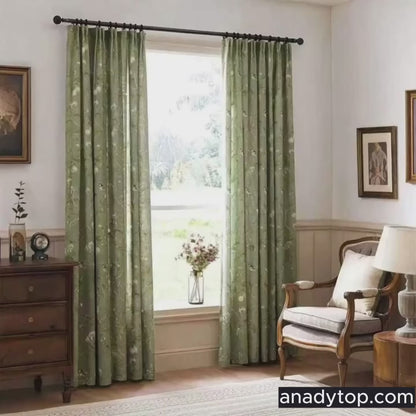Classic Retro Kale Green Curtains Birds Peach Country Drapes