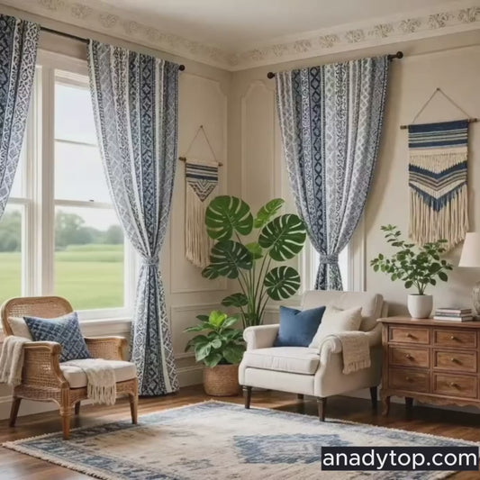 Mediterranean Indigo Moroccan Scrollwork Cotton Linen Curtains