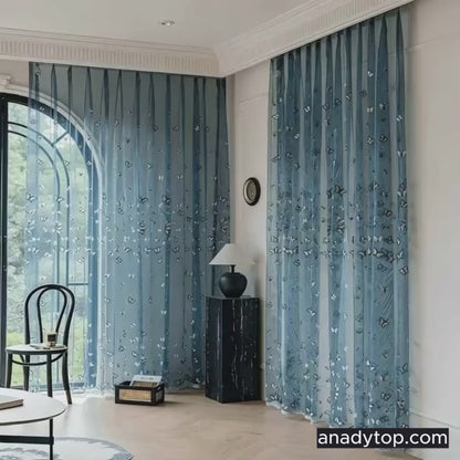 Ethereal Dreamy Shimmering Blue Butterfly Embroidery Whimsical Sheer Curtains