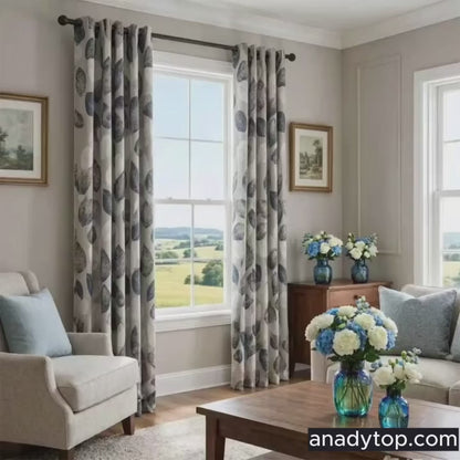Navy Blue White Leaf Pattern Drapes Blackout Curtains for Sale