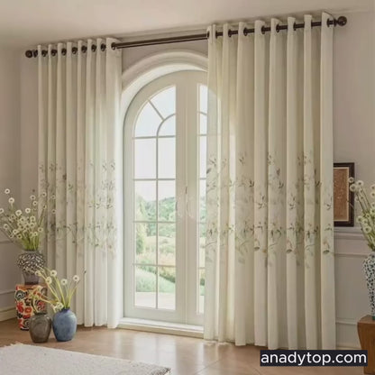 Luxueux rideaux transparents bleus à fleurs brodées 2 panneaux