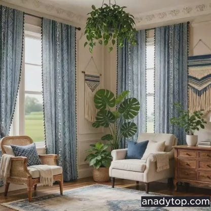 Elegant Bohemian Blue Geometric Pattern Curtain Drapes with Tassels