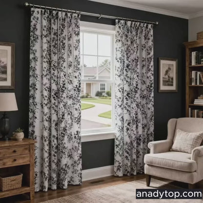 Modern Black Silhouette Floral Vine Chenille Jacquard Curtains Drapes