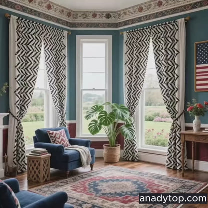 Bold Black White Geometric Zigzag  Curtain - Tasseled Artistic Window Drape for Accent Walls