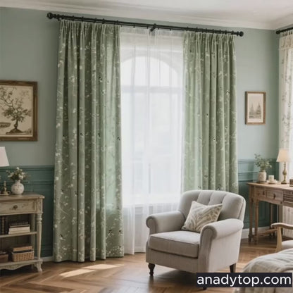 Classic Retro Kale Green Curtains Birds Peach Country Drapes