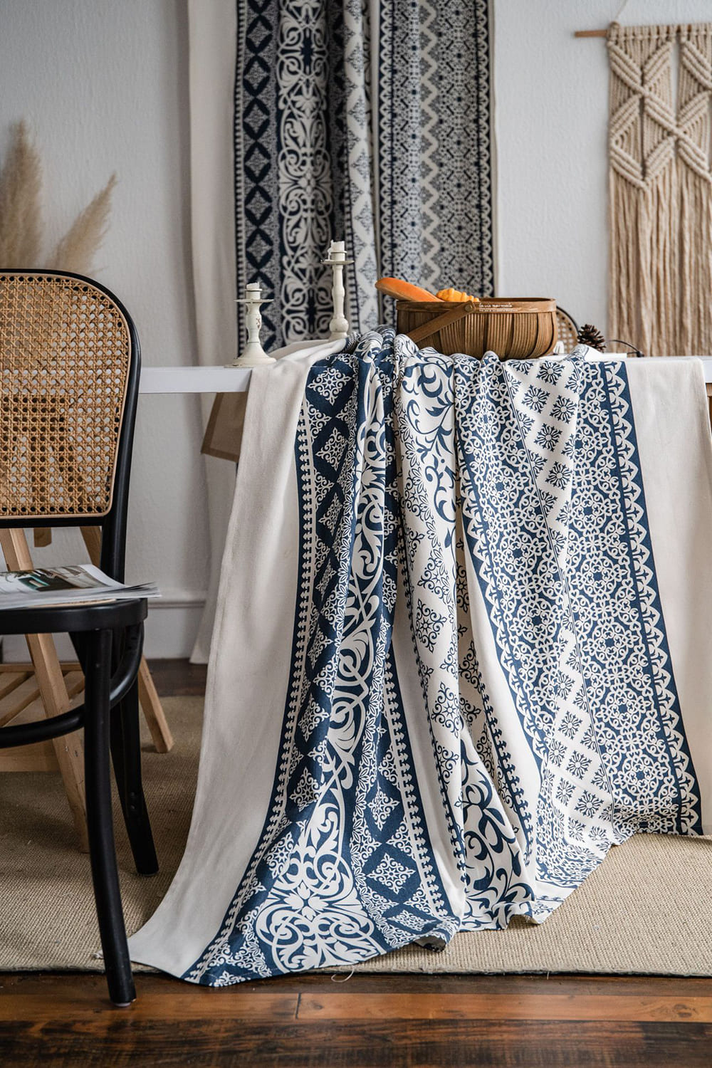 Geometric Navy Blue Printed Cotton Linen Balloon Shade Curtains
