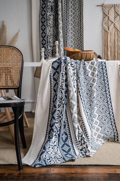Geometric Navy Blue Printed Cotton Linen Balloon Shade Curtains