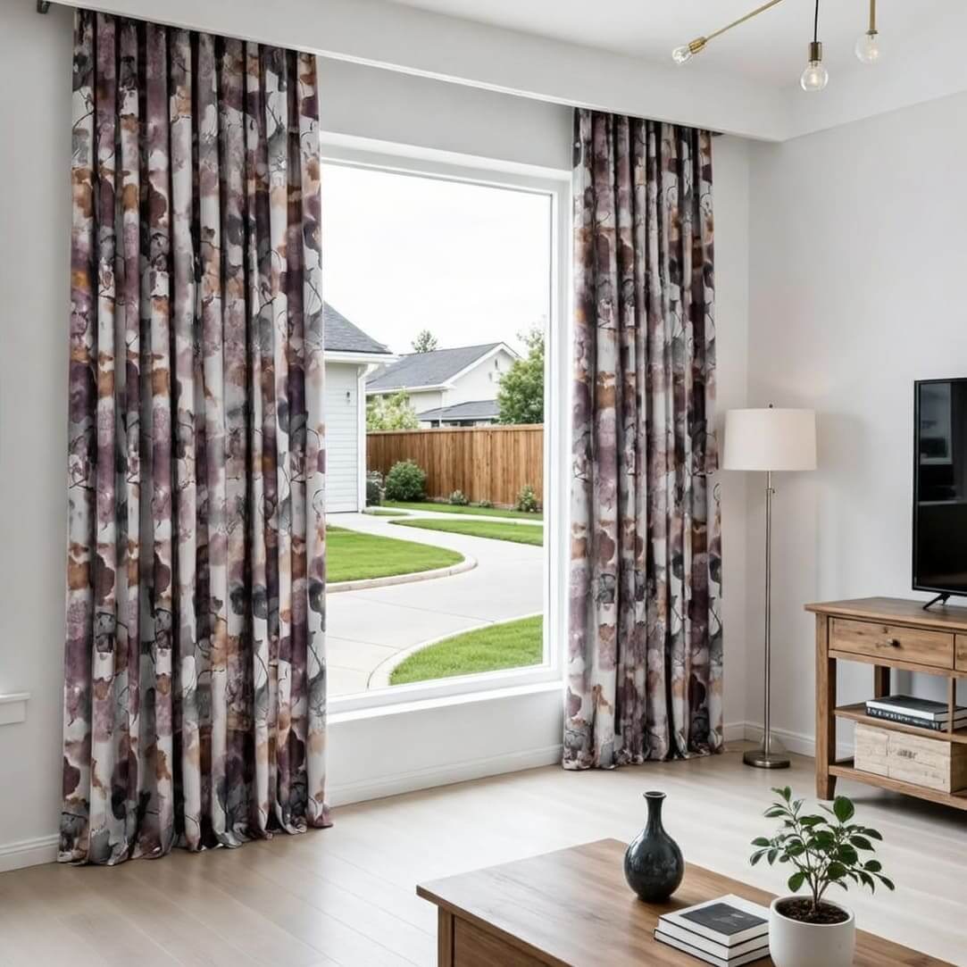 Purple and brown watercolor floral window curtains framing a large window in a modern living room