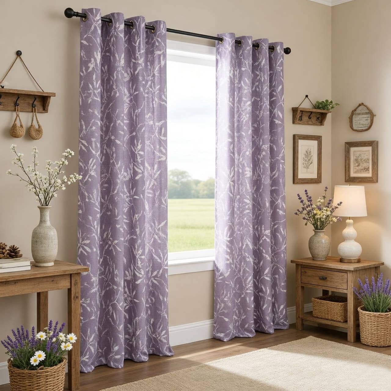 Purple Lavender Dream Delicate White Leafy Branches Curtains