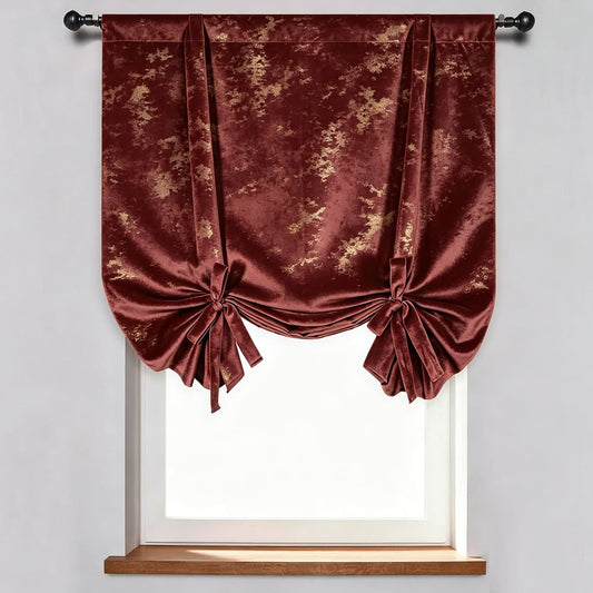 Luxurious Red and Gold Velvet Textured Decorative Balloon Shade Curtains