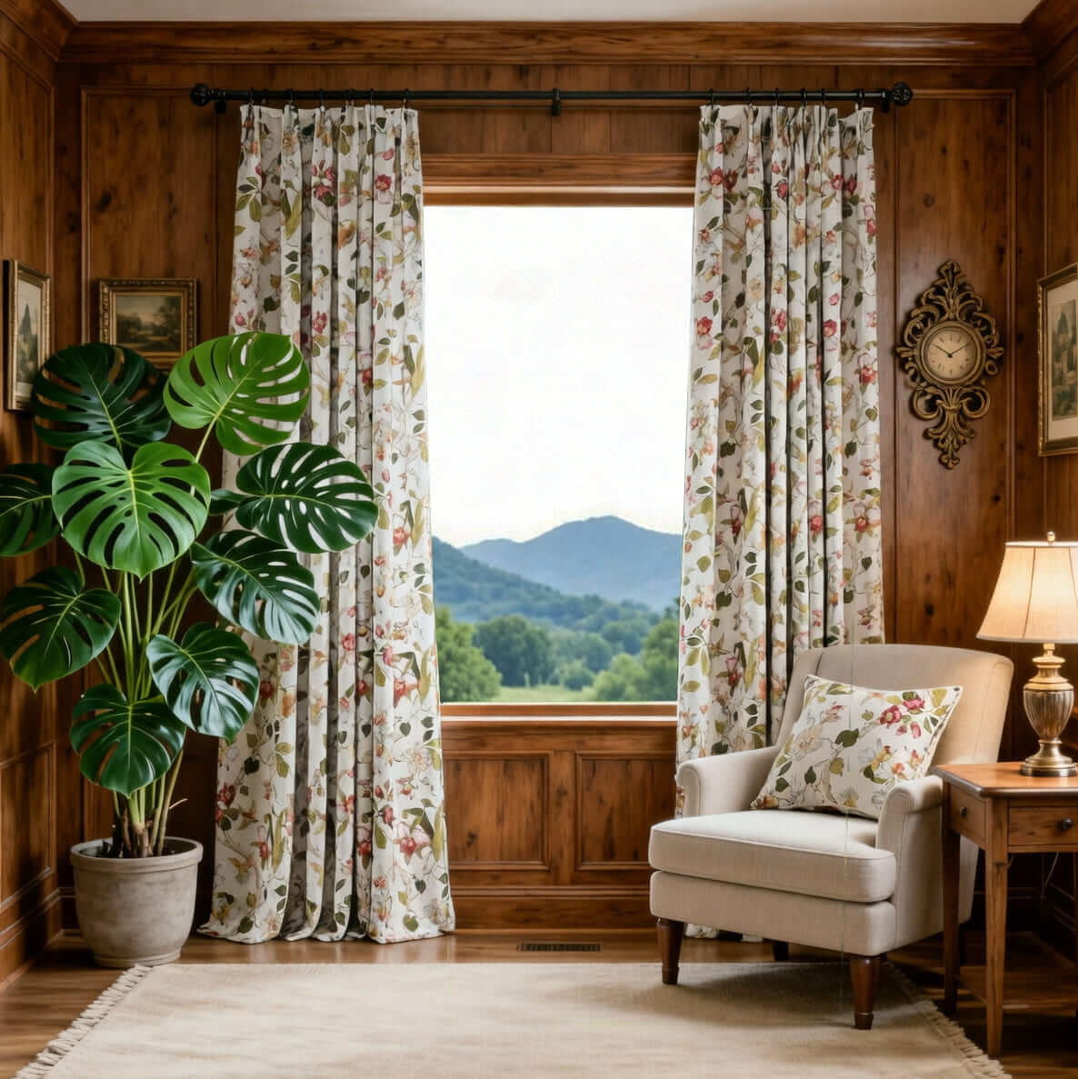 Red floral bird pattern pinch pleat blackout curtains for a living room with wood paneling, mountain views, an armchair and tropical plant