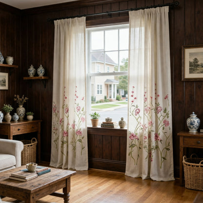 Light & Airy Flower Linen Curtains Rustic Chic Exquisite Embroidered Drapes