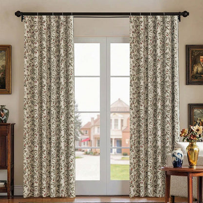 Olive Green Leaf & Red Berry Cream Base Curtains