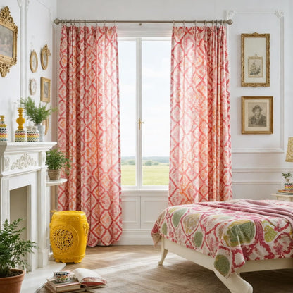 Red Pink Orange Curtains Geometry Drapes 2 Panel Bright Warm Decro Curtains