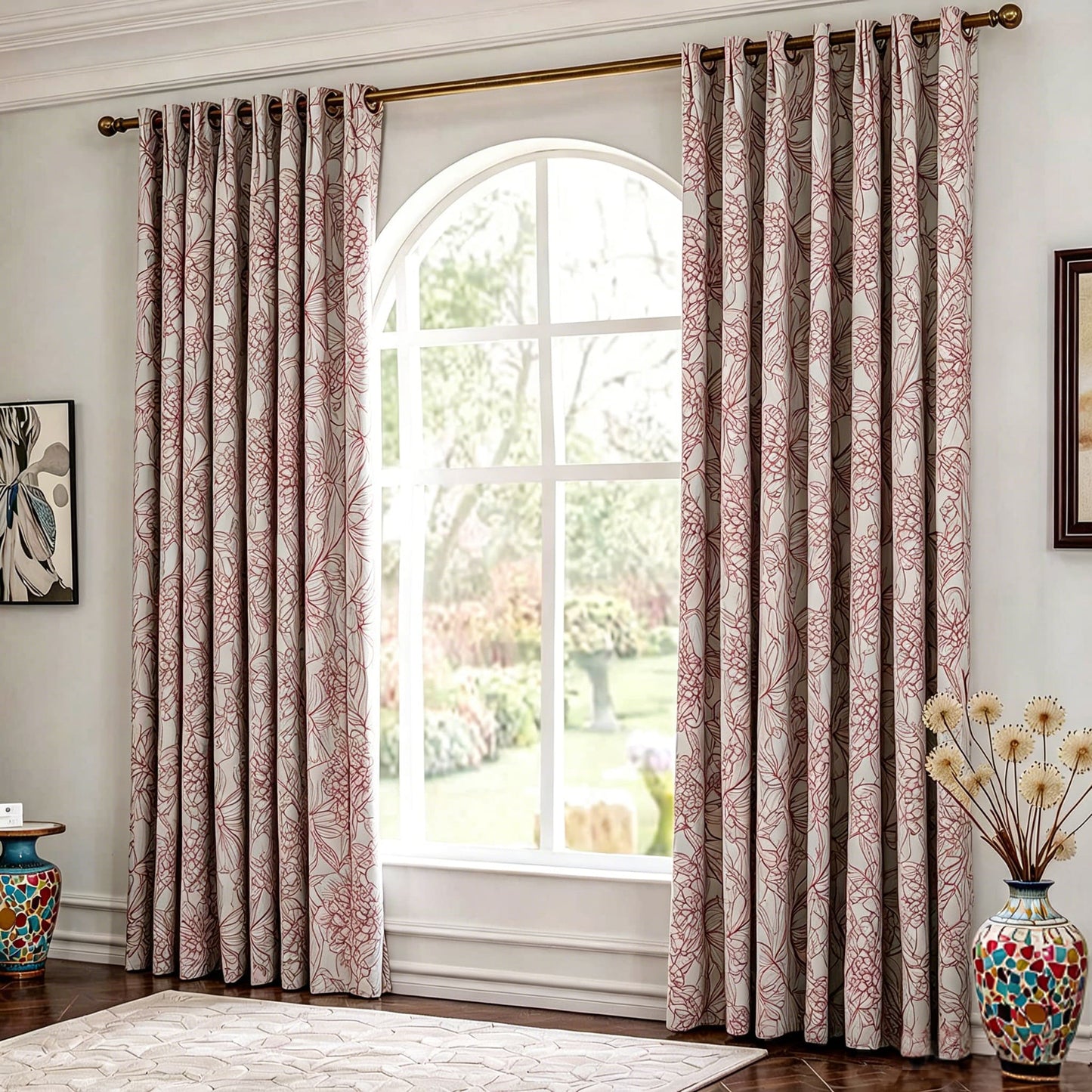 Red Line Art Peony Curtains Art Line Drawing Flower Window Drapes