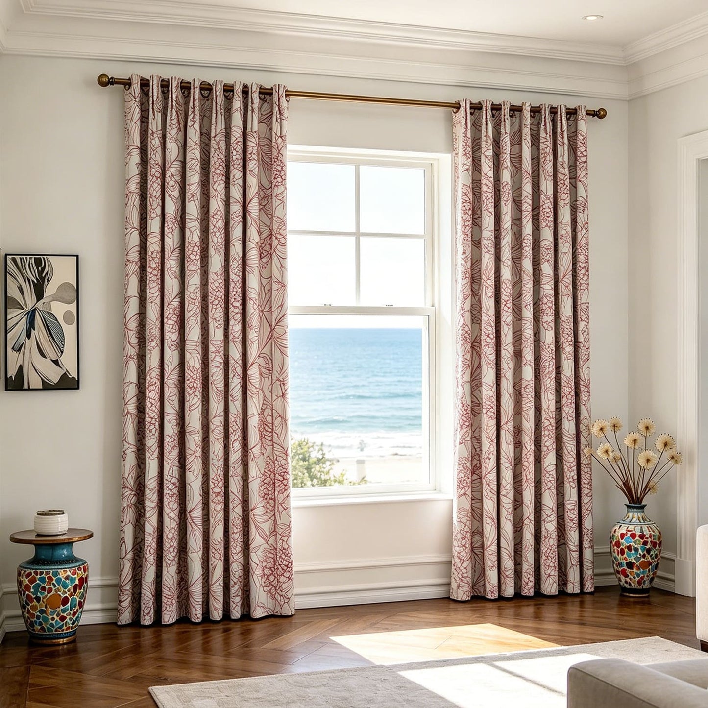 Red Line Art Peony Curtains Art Line Drawing Flower Window Drapes