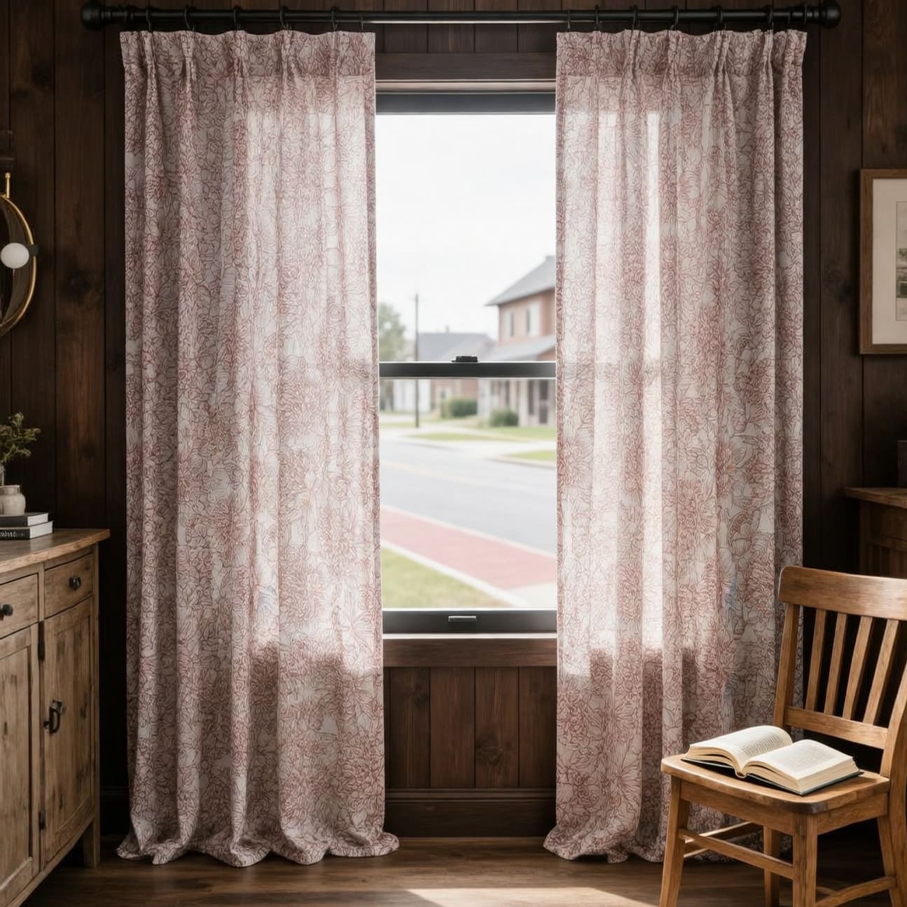 Red Line Art Peony Curtains Art Line Drawing Flower Window Drapes