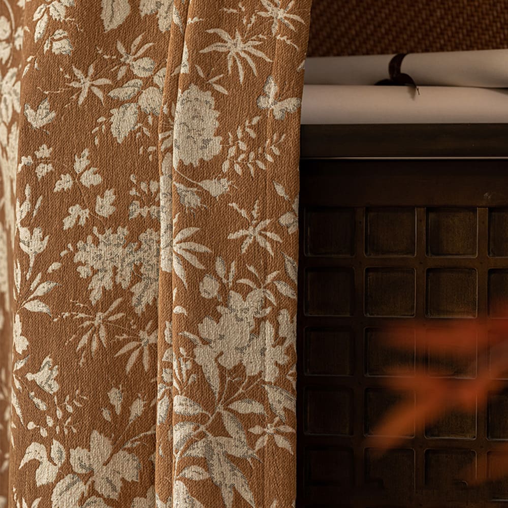 Retro Brown Floral American Chenille Blackout Curtains Window Drapes