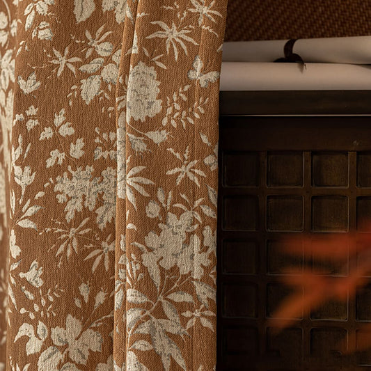 Retro Brown Floral American Chenille Blackout Curtains Window Drapes
