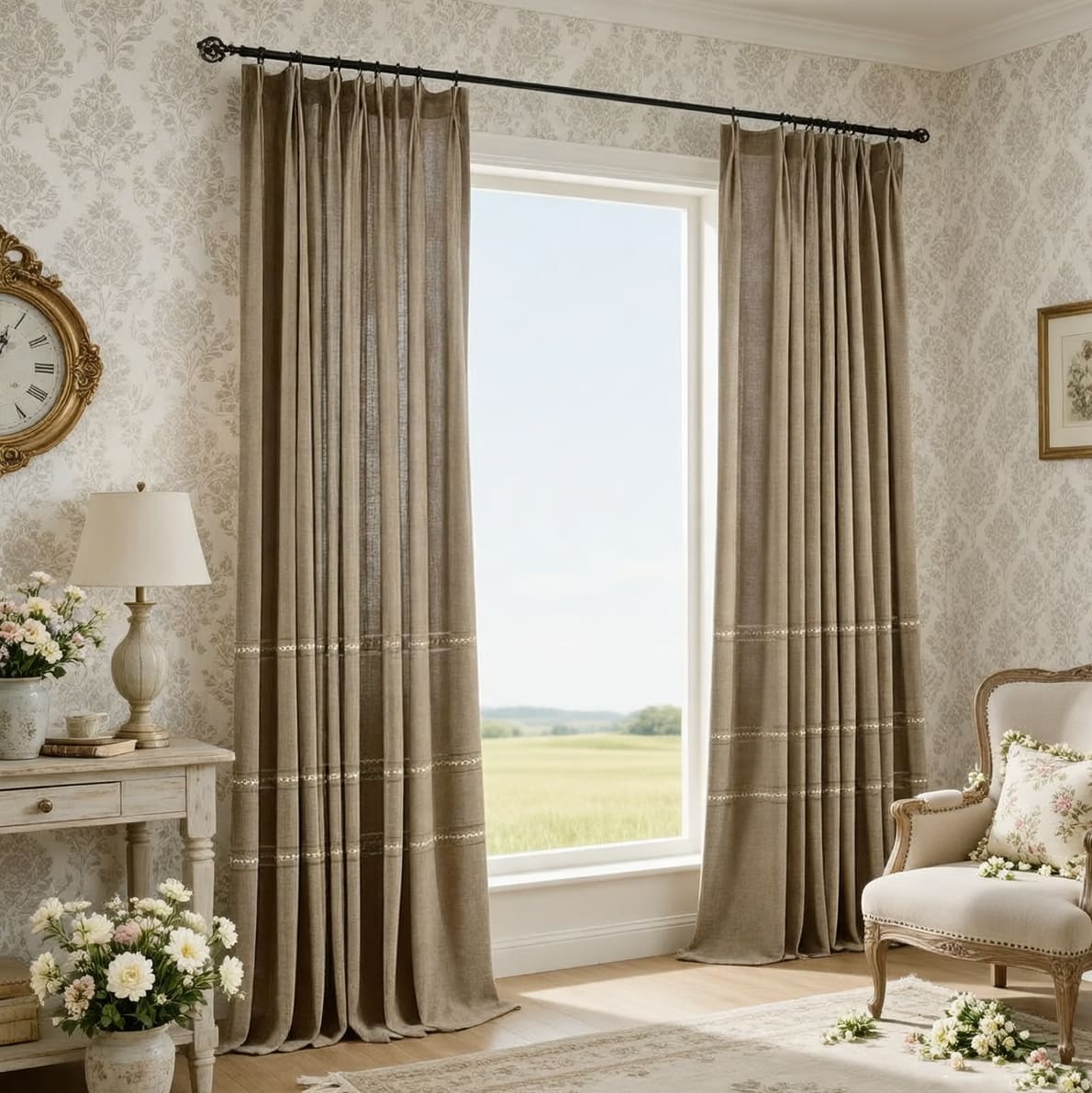 Classic Retro Embroidery Natural Linen Darkening Curtains Drapes