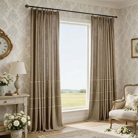 Classic Retro Embroidery Natural Linen Darkening Pinch Pleat Curtains Drapes