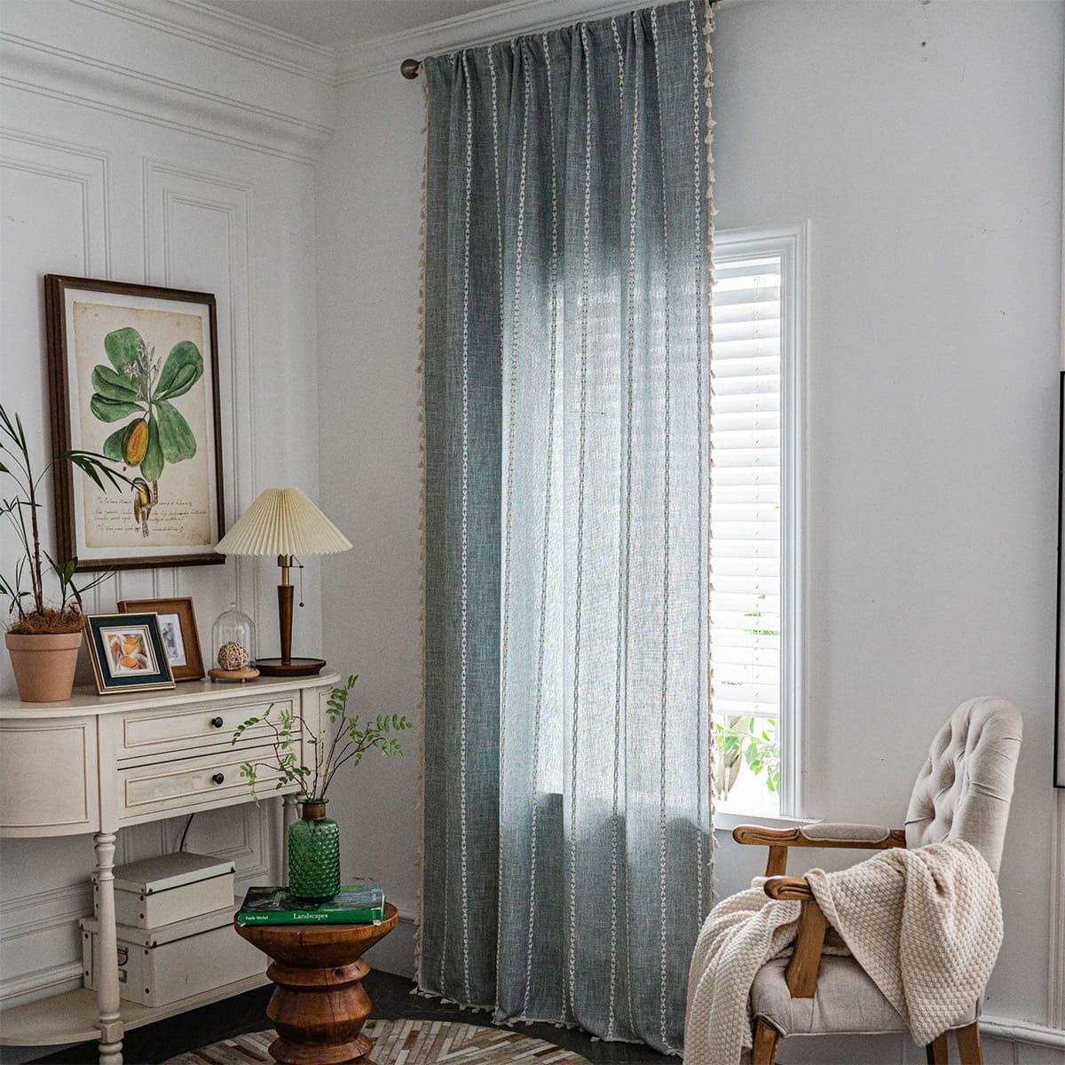 White Embroidered Chain Pattern Blue Cotton Curtains Window Drapery ...