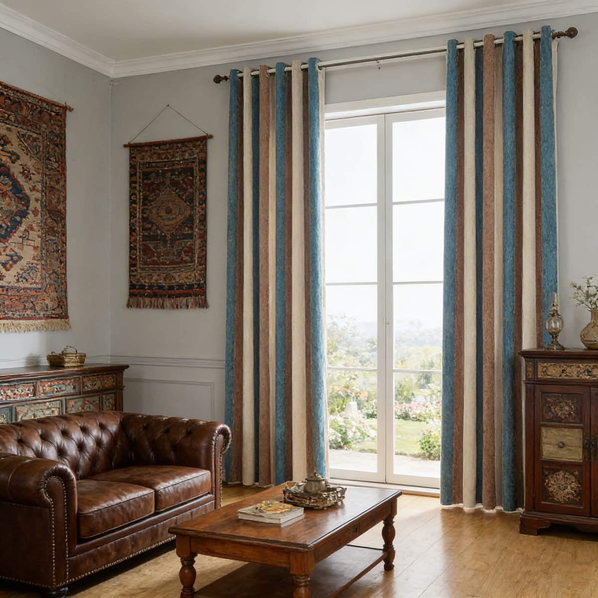 Sophisticated Stripes Teal/Beige/Brown Chenille Curtains for Modern Elegance