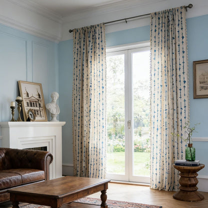 Tranquil Blue Raindrops Stripes Linen Blend Curtains