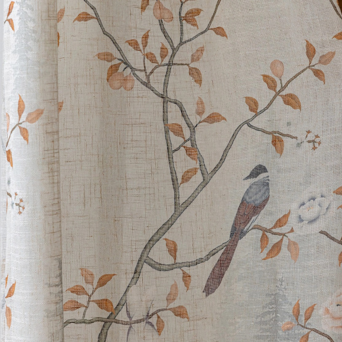 Warm Tone Linen Sheer Autumn Branch & Songbird Privacy Pinch Pleat Sheer Curtain