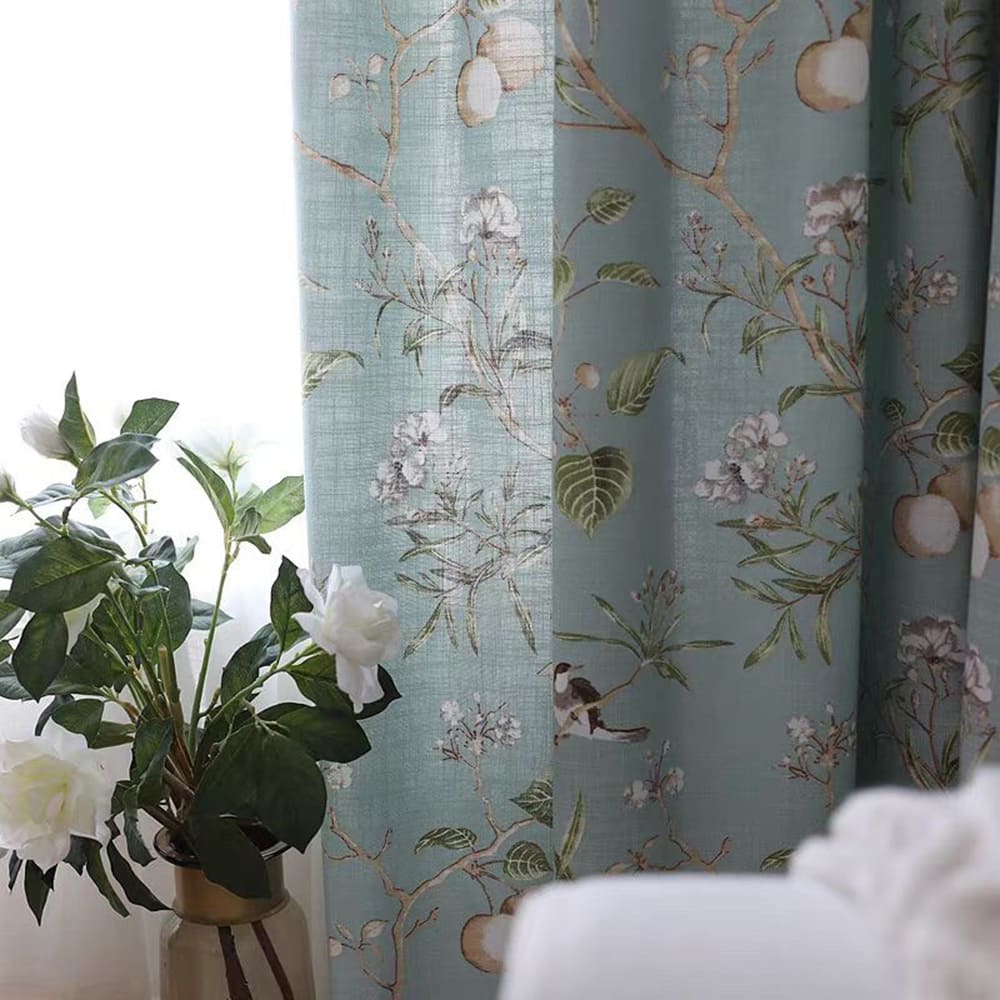 Nature-Inspired Blue Cottage White Blossom & Swallow Curtains