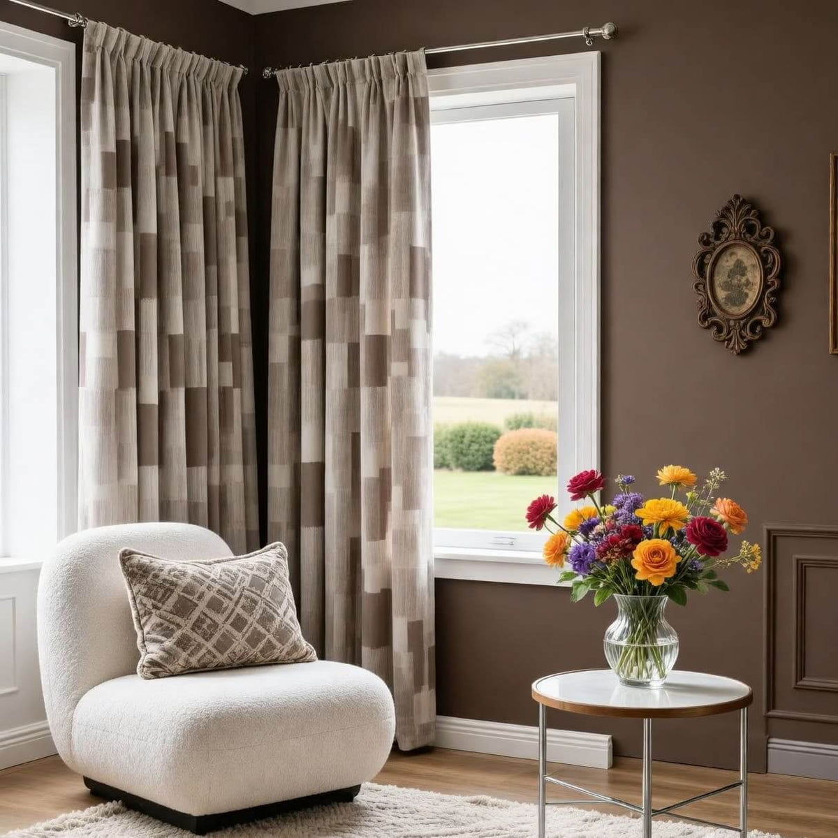 Thick taupe beige plaid geometric hooked curtains and window drapes with a plain top header, shown on two living room windows with a soundproof design.