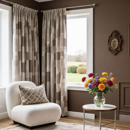 Thick taupe beige plaid geometric hooked curtains and window drapes with a plain top header, shown on two living room windows with a soundproof design.