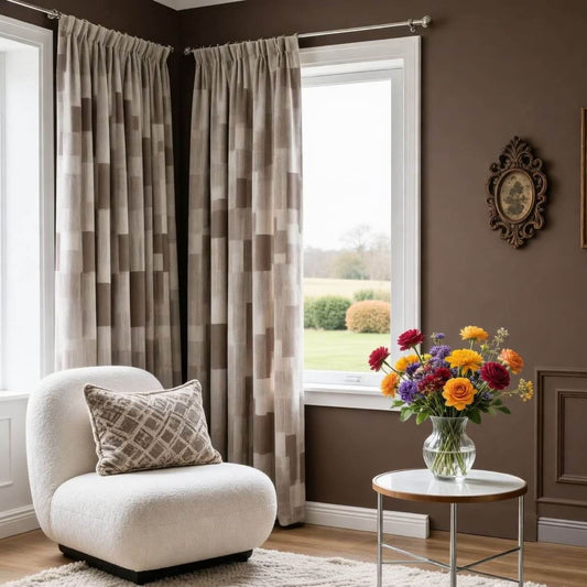Thick taupe beige plaid geometric hooked curtains and window drapes with a plain top header, shown on two living room windows with a soundproof design.
