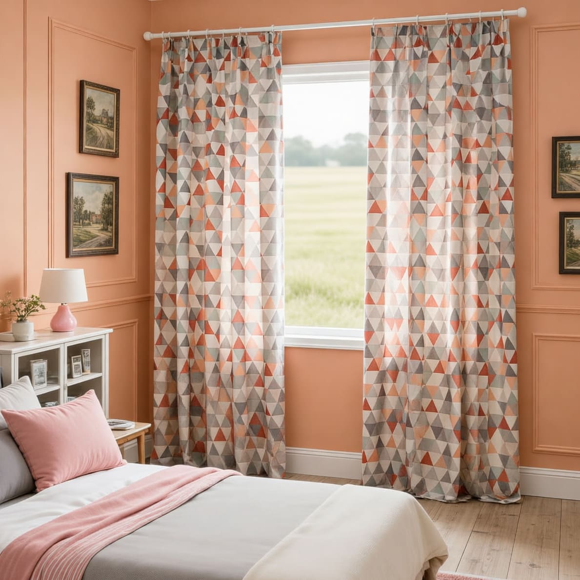 Gray Orange Triangle Chime Curtains Warm Geometry Drapes