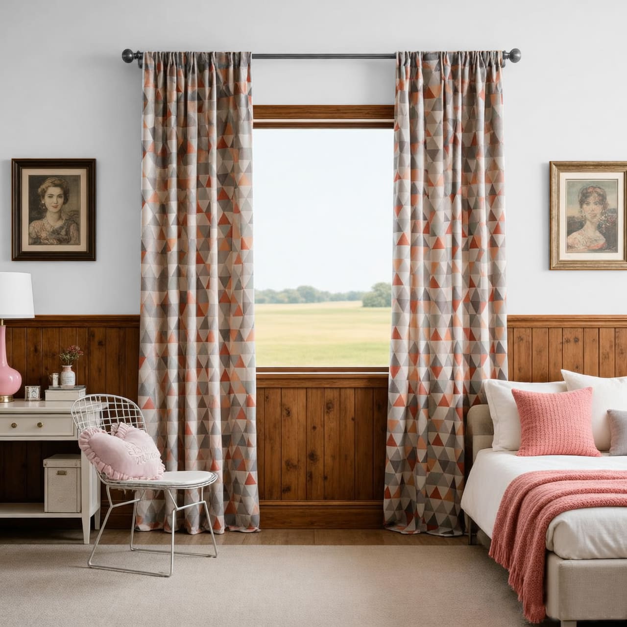 Gray Orange Triangle Chime Curtains Warm Geometry Drapes