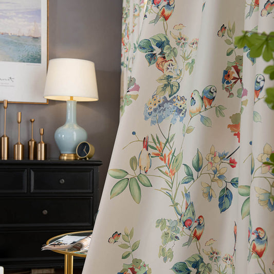 Unique colorful parrot floral curtains with decorative watercolor birds, flowers and butterflies for room darkening
