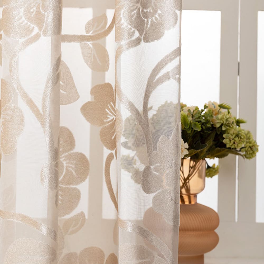 Beige Ciselé Velvet Jacquard Floral Sheer Curtains