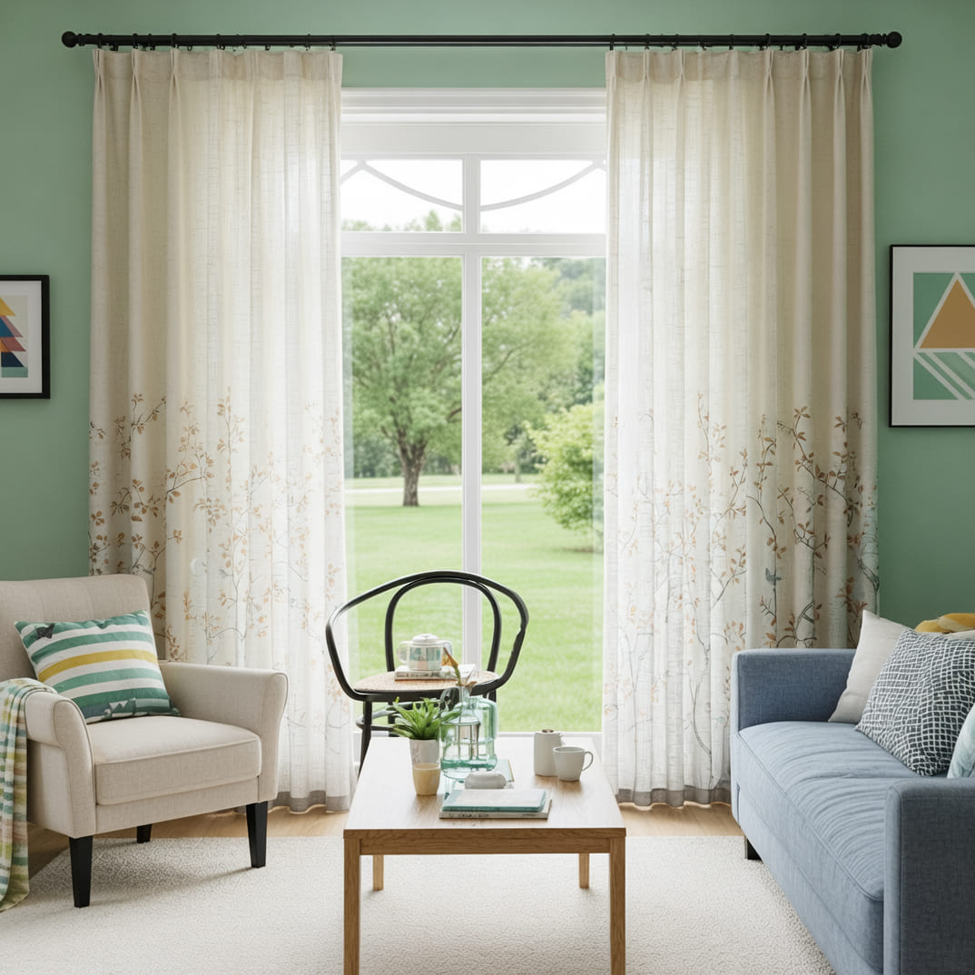 Warm Tone Linen Sheer Autumn Branch & Songbird Privacy Pinch Pleat Sheer Curtain