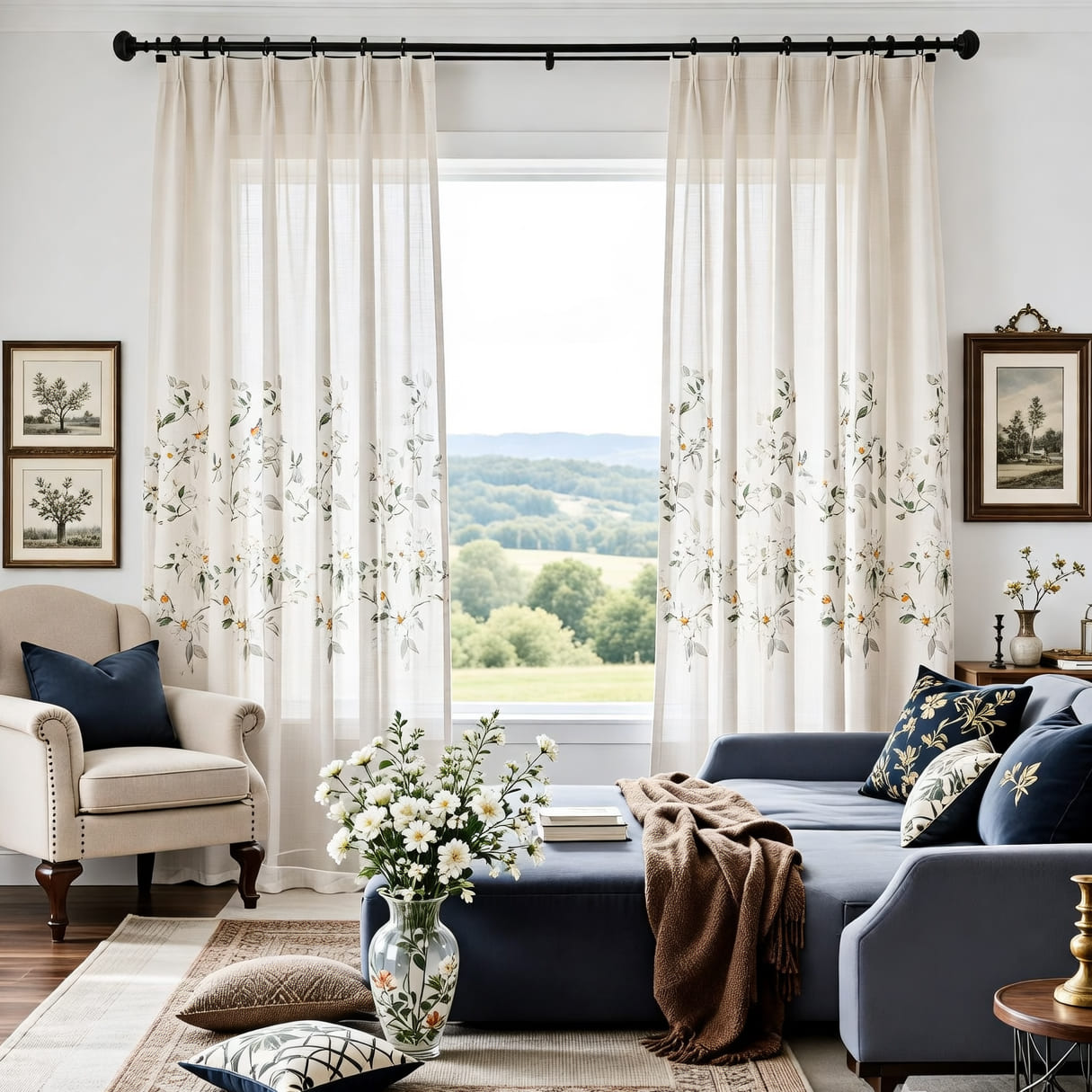 Cream Linen Blend Watercolor White Camellias & Colorful Bird Sheer Curtains