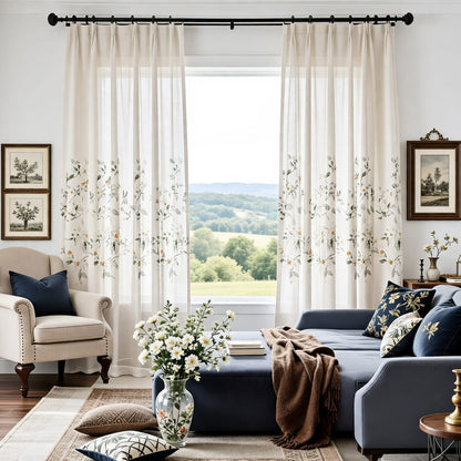 Cream Linen Blend Watercolor White Camellias & Colorful Bird Sheer Curtains