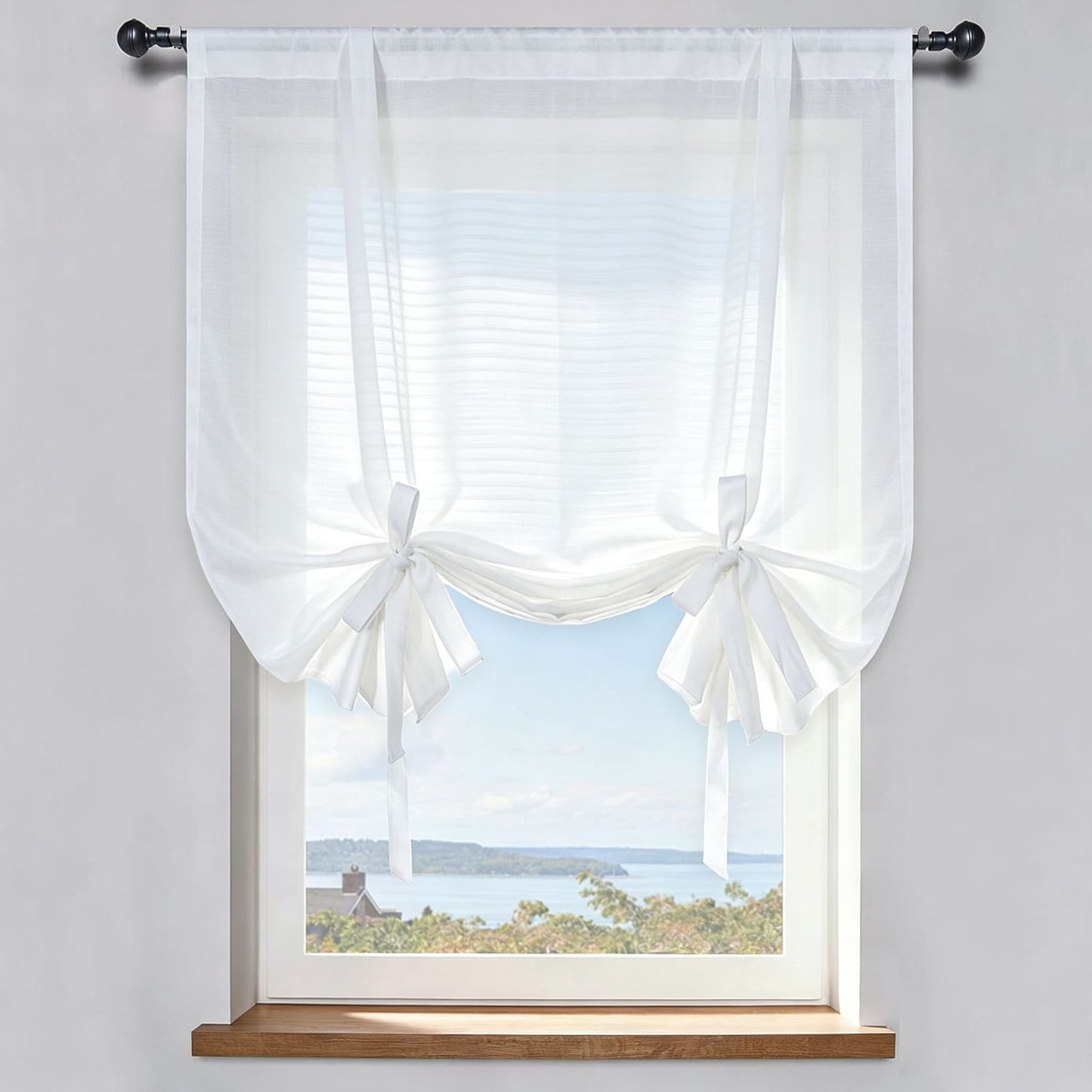 Ivory White Horizontal Striped Voile Balloon Shade Sheer Curtains