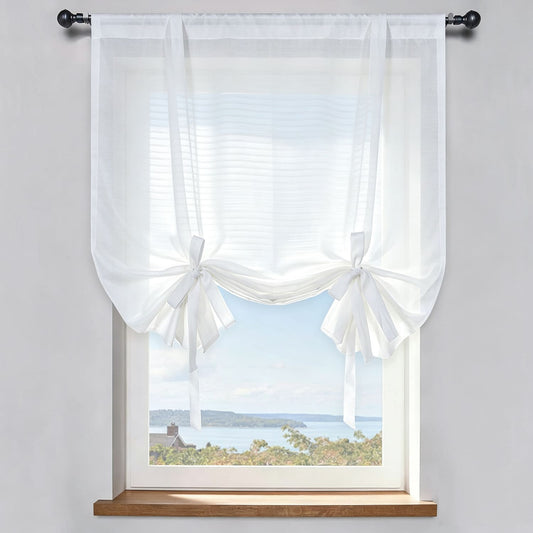 Ivory White Horizontal Striped Voile Balloon Shade Sheer Curtains