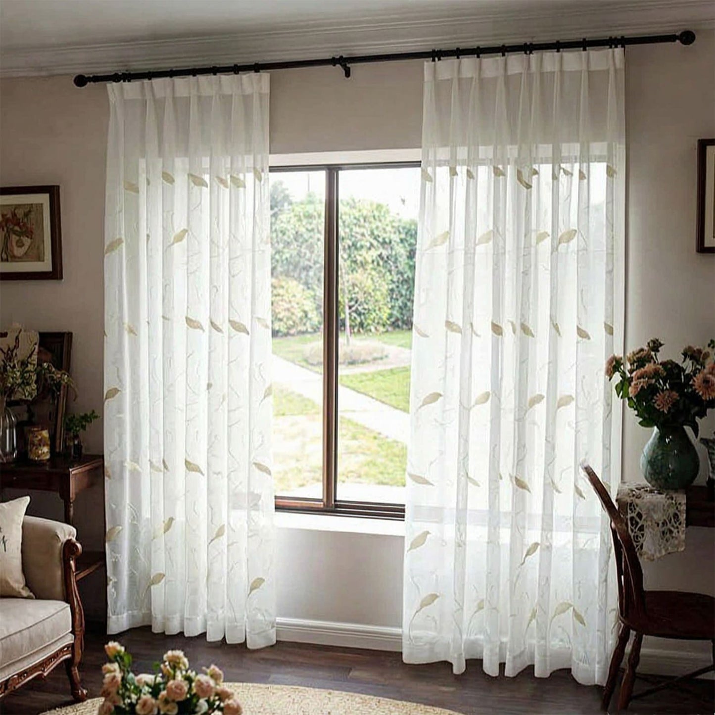 3D Furry Bird Embroidered Pinch Pleat Sheer Curtains White Window Sheers