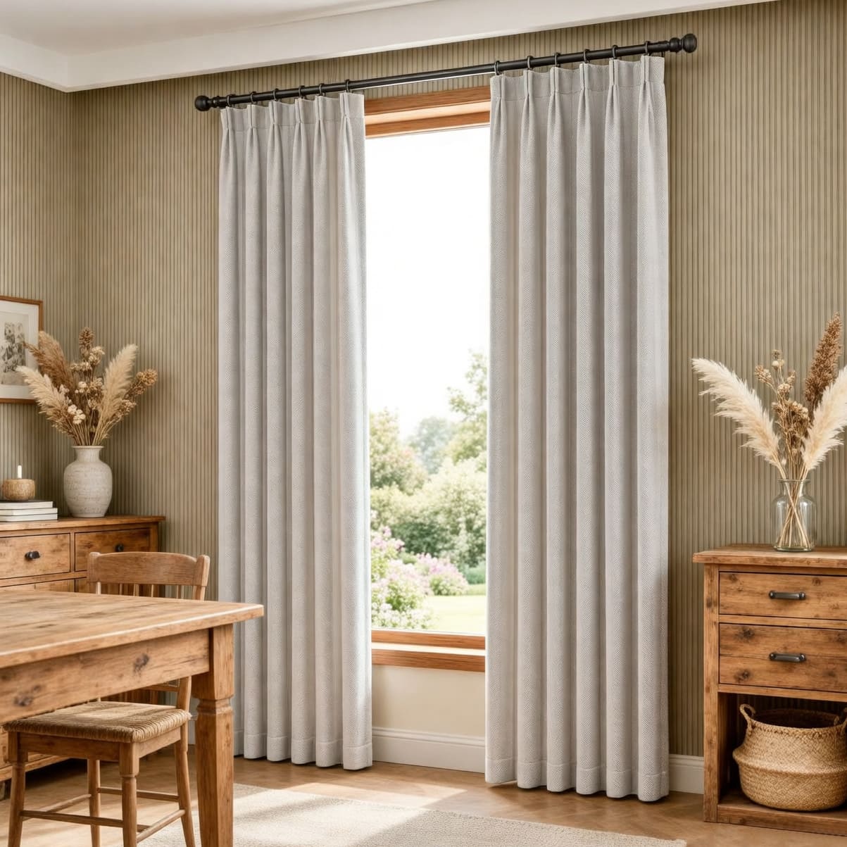 Cream White Chenille Jacquard Herring Bone Curtains Polyline Drapes