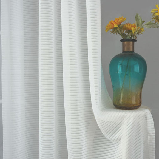 Ivory White Horizontal Striped Voile Pinch Pleat Sheer Curtains