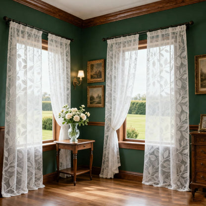 White Leaf Sheer Curtains for Living Room Bedroom Voiles 2 Panels