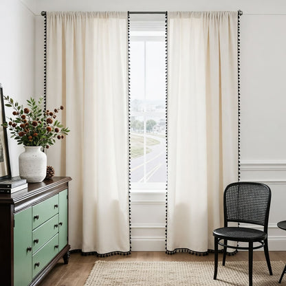 Solid Off White Cotton Linen Cream Curtains with Black Tassels