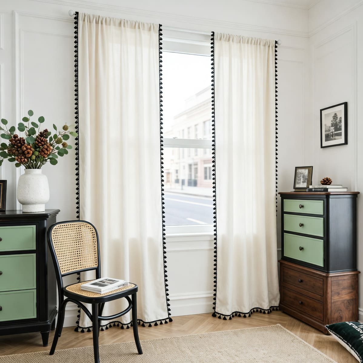 Solid Off White Cotton Linen Cream Curtains with Black Tassels