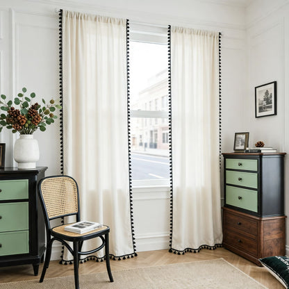 Solid Off White Cotton Linen Cream Curtains with Black Tassels